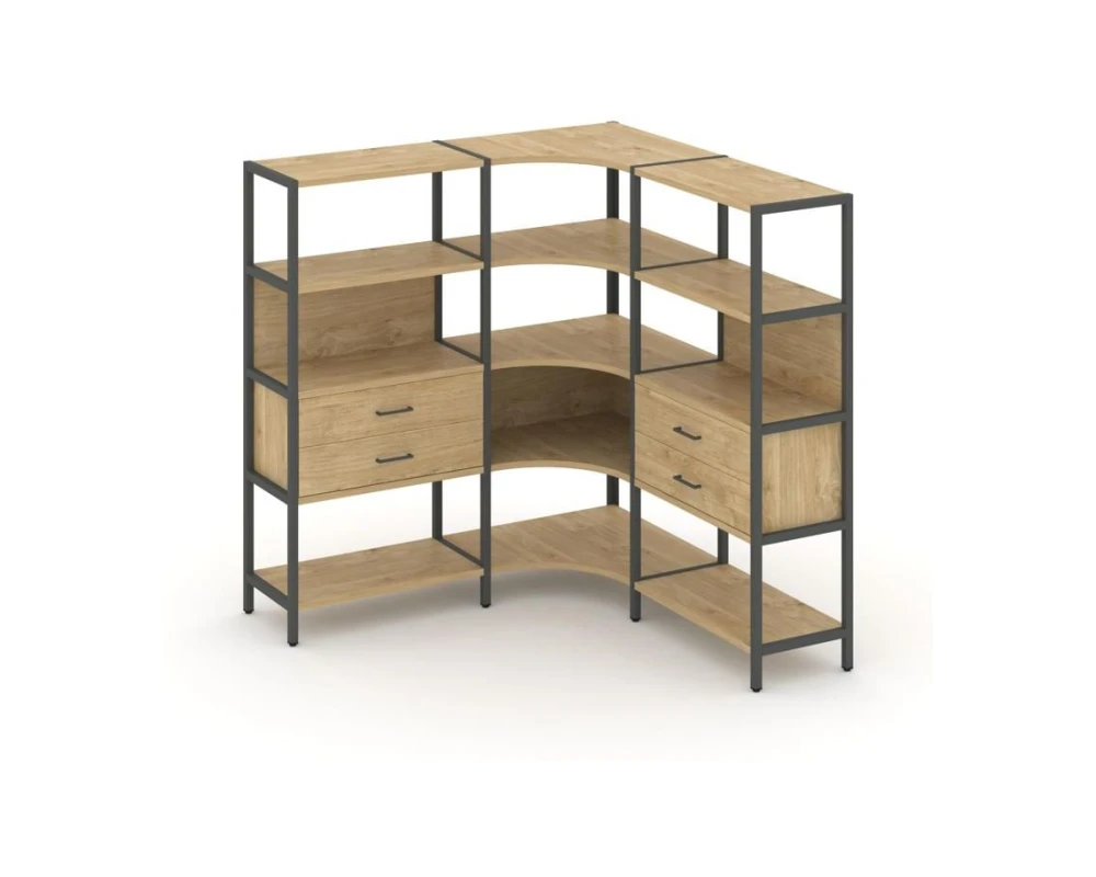 Трехсекционный угловой стеллаж четырехярусный с ящиками 1590х1590х1613 Шелф Систем / Shelf System