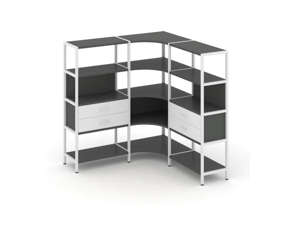Трехсекционный угловой стеллаж четырехярусный с ящиками 1590х1590х1613 Шелф Систем / Shelf System