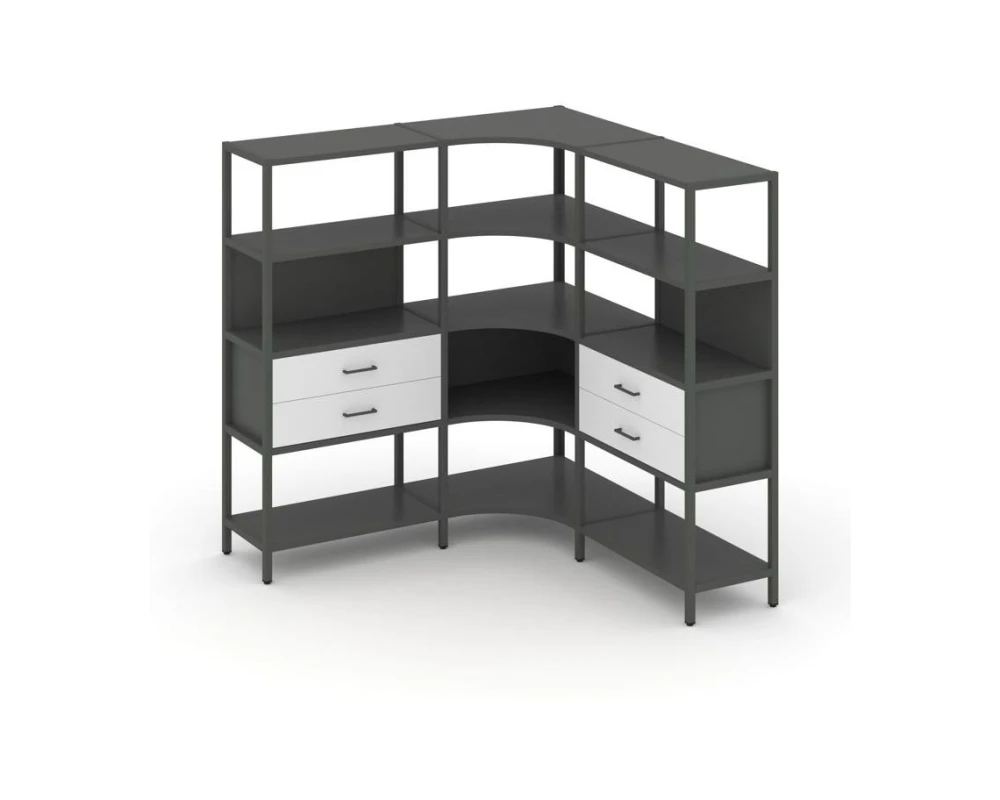 Трехсекционный угловой стеллаж четырехярусный с ящиками 1590х1590х1613 Шелф Систем / Shelf System