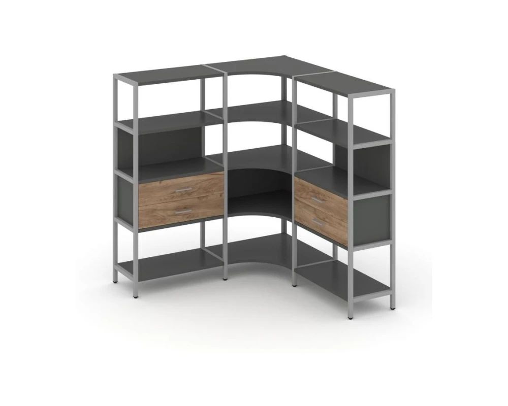 Трехсекционный угловой стеллаж четырехярусный с ящиками 1590х1590х1613 Шелф Систем / Shelf System