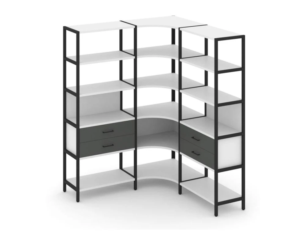 Трехсекционный угловой стеллаж пятиярусный с ящиками 1590х1590х1980 Шелф Систем / Shelf System