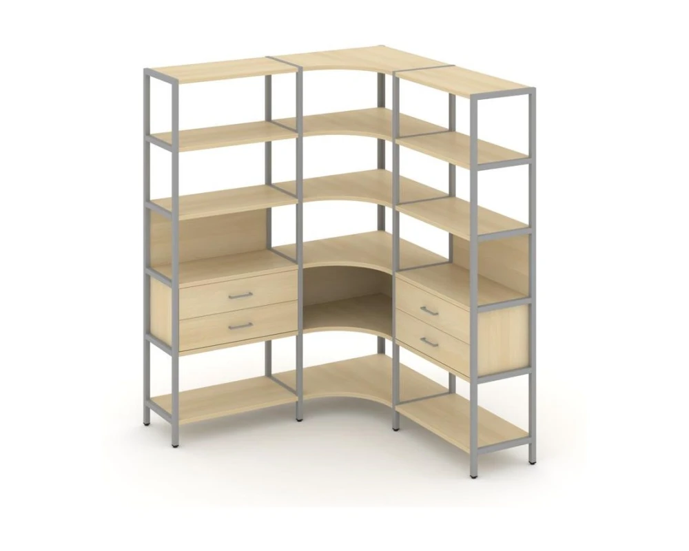 Трехсекционный угловой стеллаж пятиярусный с ящиками 1590х1590х1980 Шелф Систем / Shelf System