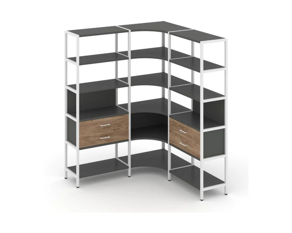 Трехсекционный угловой стеллаж пятиярусный с ящиками 1590х1590х1980 Шелф Систем / Shelf System