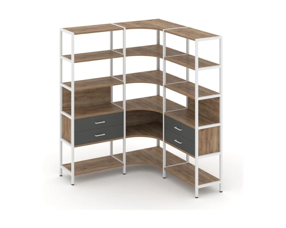 Трехсекционный угловой стеллаж пятиярусный с ящиками 1590х1590х1980 Шелф Систем / Shelf System