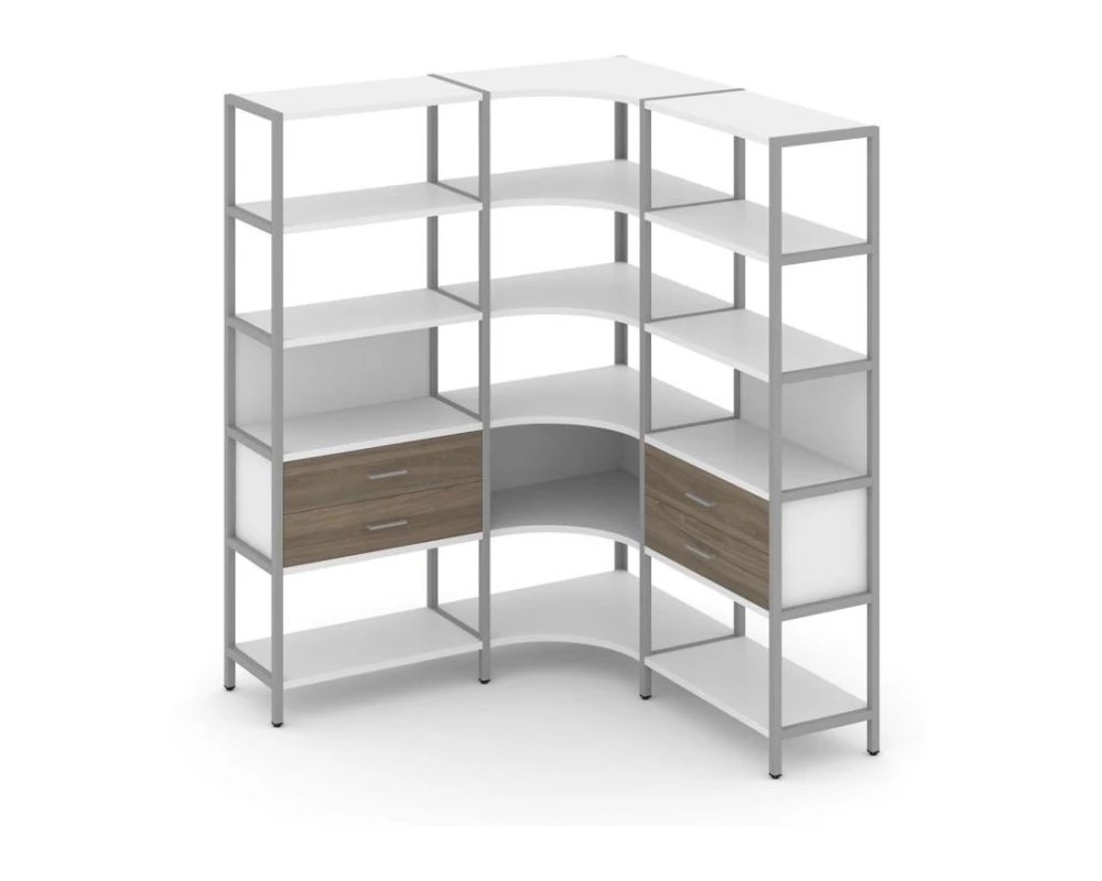 Трехсекционный угловой стеллаж пятиярусный с ящиками 1590х1590х1980 Шелф Систем / Shelf System