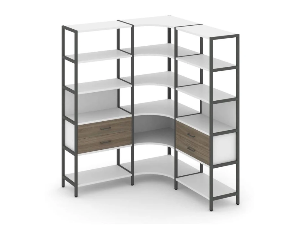 Трехсекционный угловой стеллаж пятиярусный с ящиками 1590х1590х1980 Шелф Систем / Shelf System