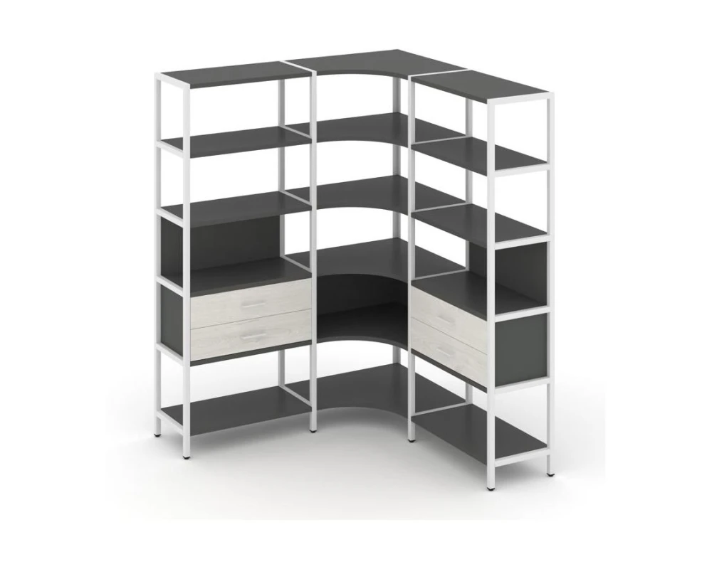 Трехсекционный угловой стеллаж пятиярусный с ящиками 1590х1590х1980 Шелф Систем / Shelf System
