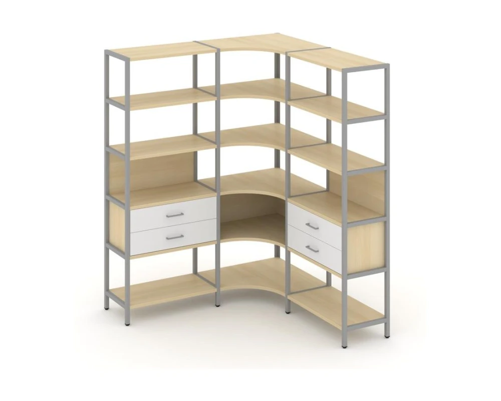 Трехсекционный угловой стеллаж пятиярусный с ящиками 1590х1590х1980 Шелф Систем / Shelf System