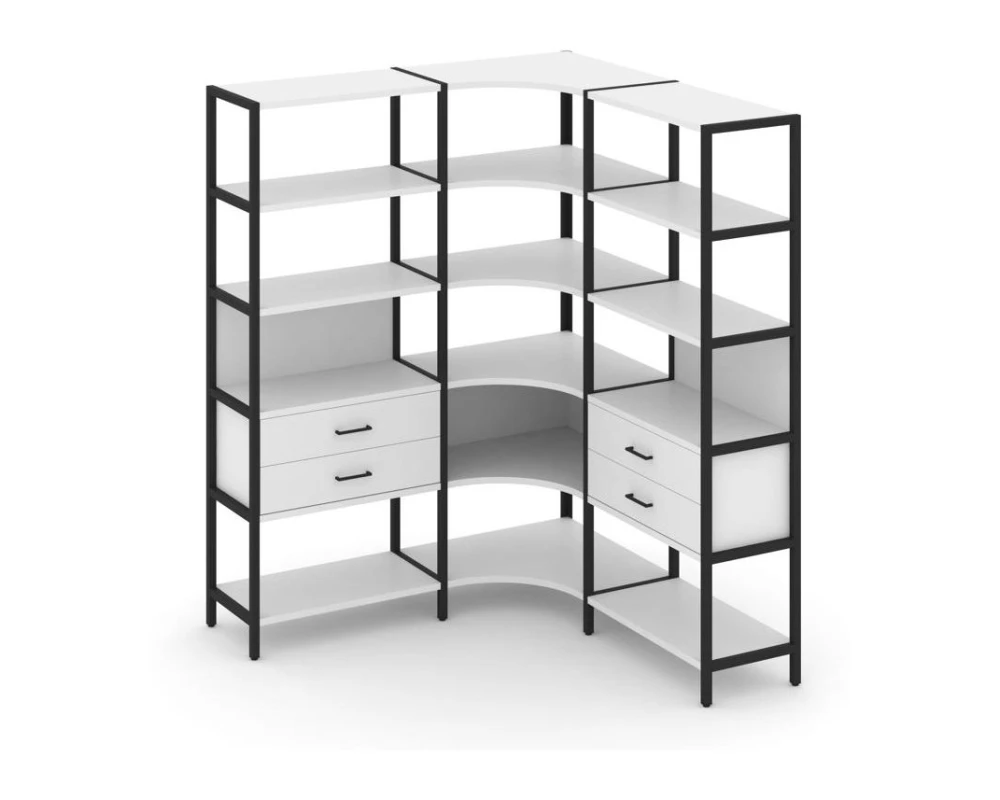 Трехсекционный угловой стеллаж пятиярусный с ящиками 1590х1590х1980 Шелф Систем / Shelf System