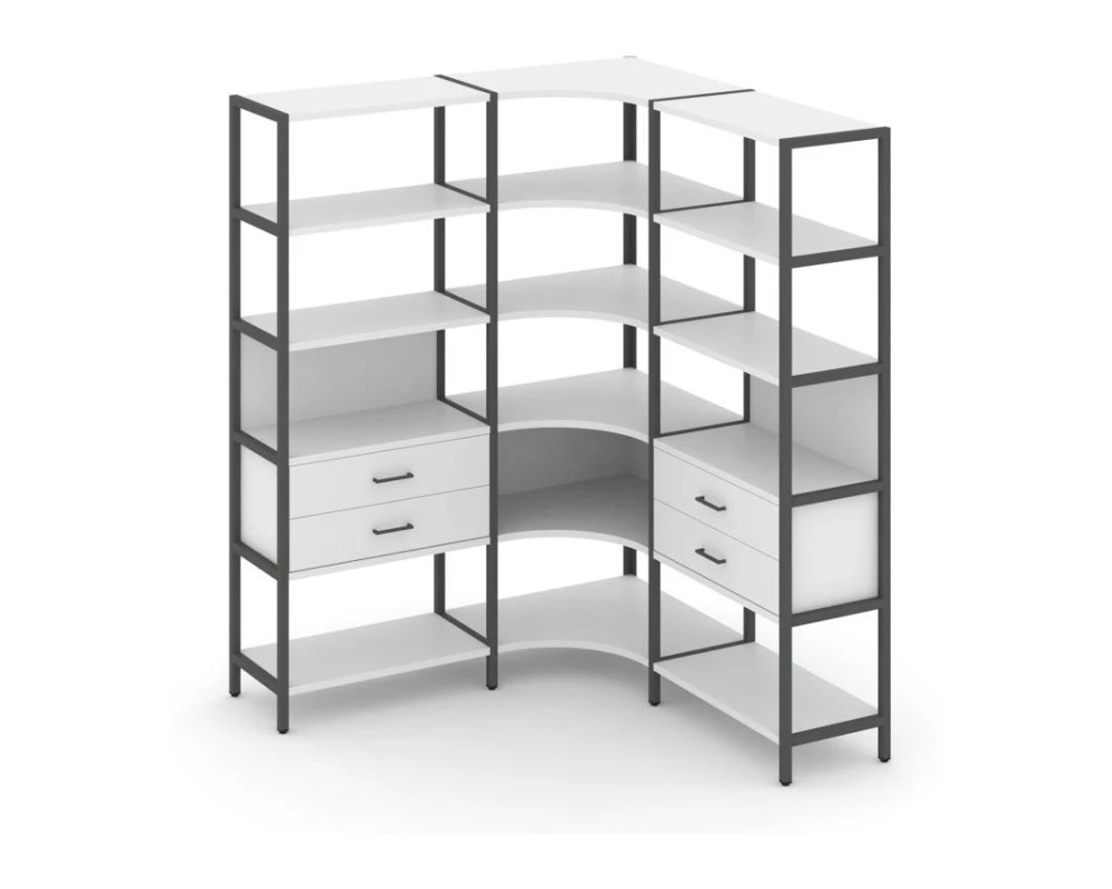 Трехсекционный угловой стеллаж пятиярусный с ящиками 1590х1590х1980 Шелф Систем / Shelf System