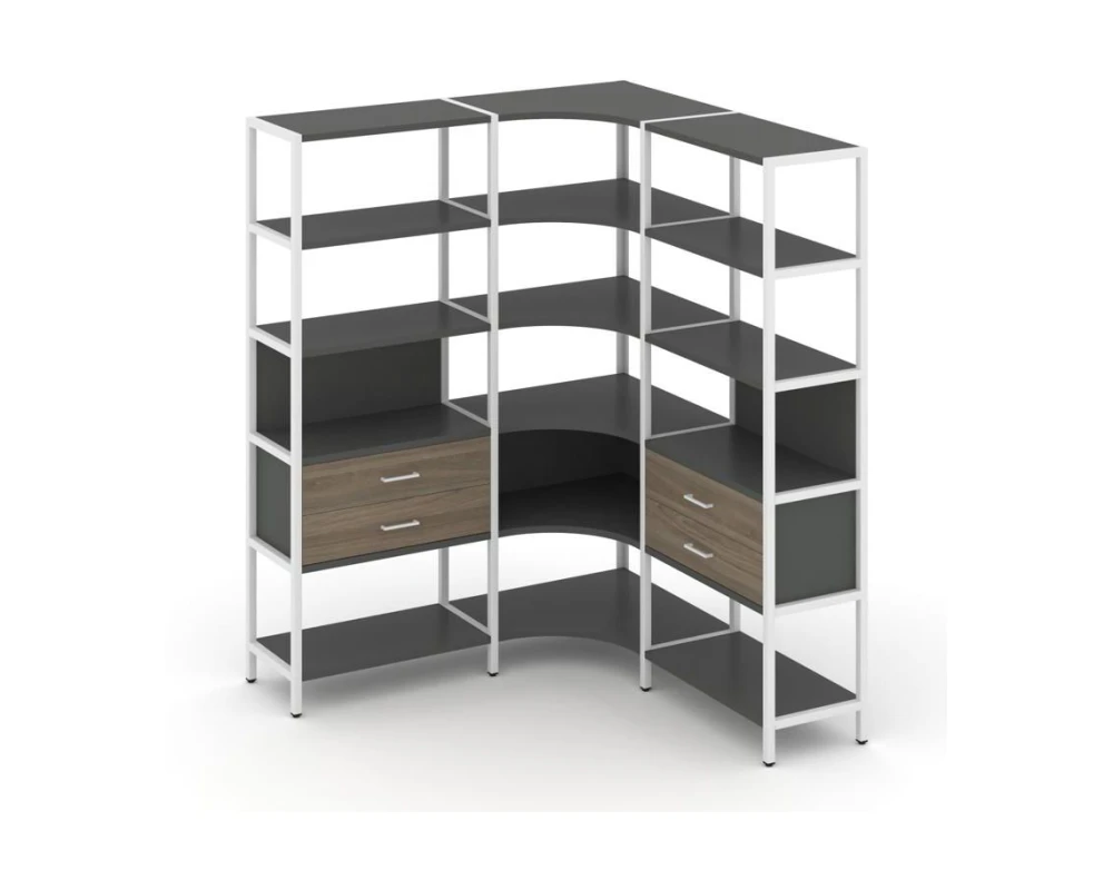 Трехсекционный угловой стеллаж пятиярусный с ящиками 1590х1590х1980 Шелф Систем / Shelf System